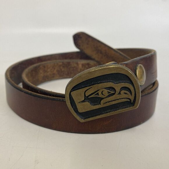 VINTAGE 1970s *KWAKIUTAL SEAHAWK* TOTEM ART SOLID BRONZE BUCKLE 34” Belt - Picture 2 of 8